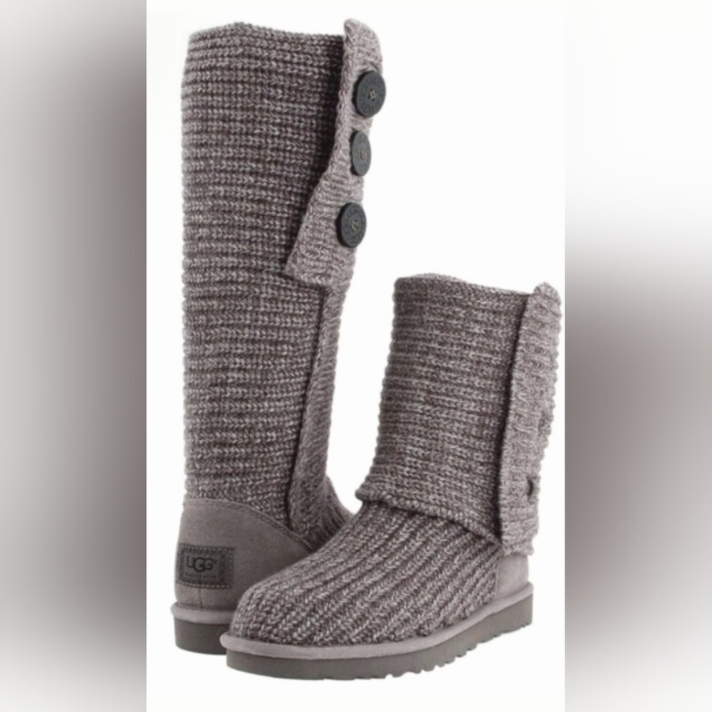 UGG Cardy Gray Knit Button Up Sweater Boots 8